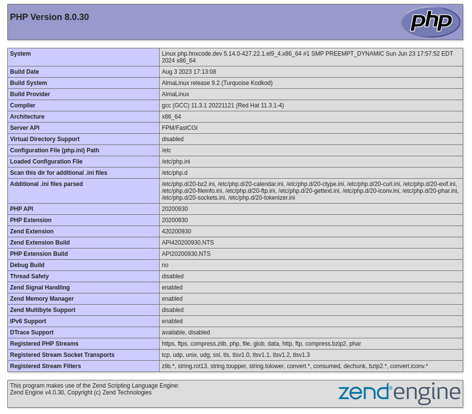 PHP info page